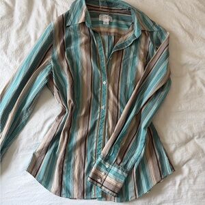 LOFT Striped Button-Down Shirt in Teal and Tan